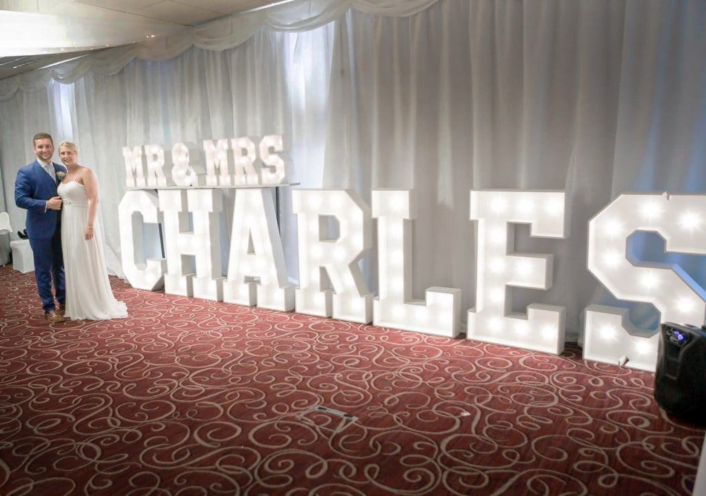 Light up letters with 'mr & mrs charles'